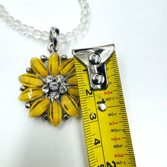 1990's Yellow Sunflower Pendant Necklace w/Clear Beads Shimmer Flaked Petals - Picture 6 of 13